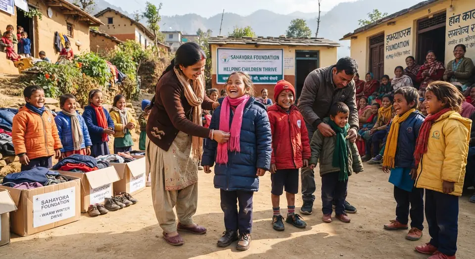 Children in a village courtyard receive new winter coats and scarves from teachers.