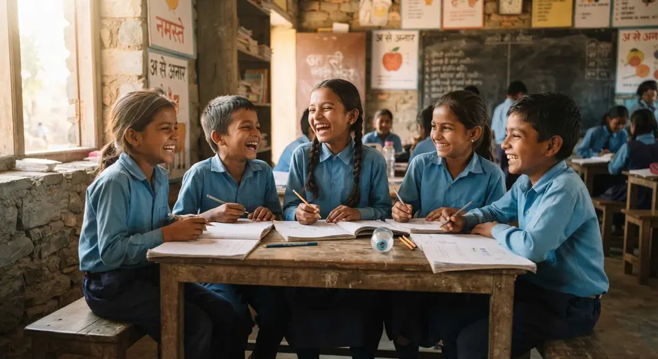 Five children in school uniform laugh together at a classroom desk with open notebooks.