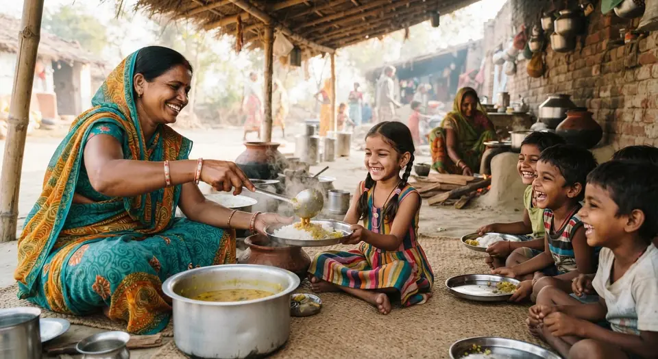 A woman serves rice and dal to children seated at a village community kitchen.